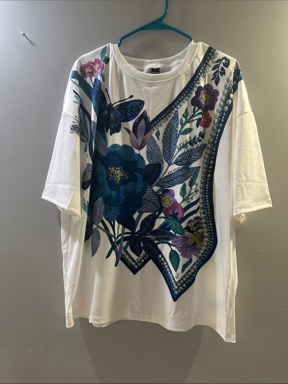 SHEIN White Short Sleeve Top with Blue Floral & Purple Accents
